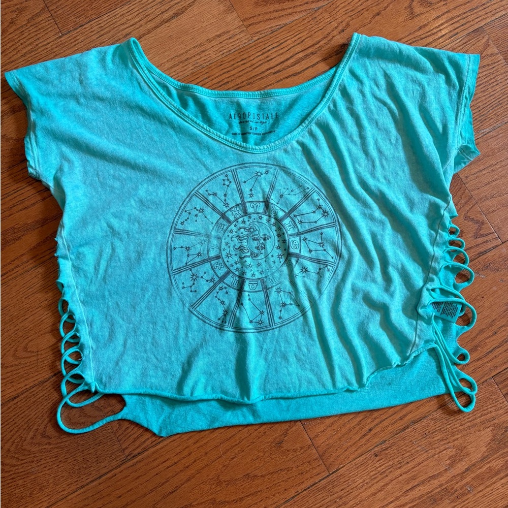 AEROPOSTALE Turquoise Zodiac Graphic Y2K Cropped Top - Size S (oversized) – 17”